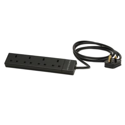 UK Mains 4 Way Gang Socket Power Strip Black 2m